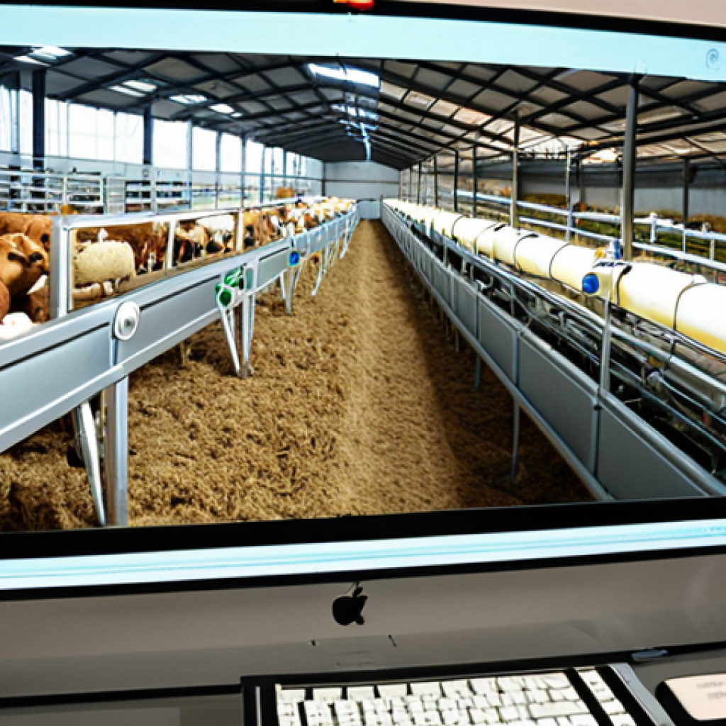 **

A modern, technologically advanced livestock farm in China. Show smart farming equipment like environmental monitoring systems, automated feeding devices, and health monitoring sensors attached to livestock. In the background, depict data being analyzed on a computer screen. The scene should convey efficiency and data-driven decision-making in animal husbandry.

**
