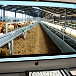 **

A modern, technologically advanced livestock farm in China. Show smart farming equipment like environmental monitoring systems, automated feeding devices, and health monitoring sensors attached to livestock. In the background, depict data being analyzed on a computer screen. The scene should convey efficiency and data-driven decision-making in animal husbandry.

**