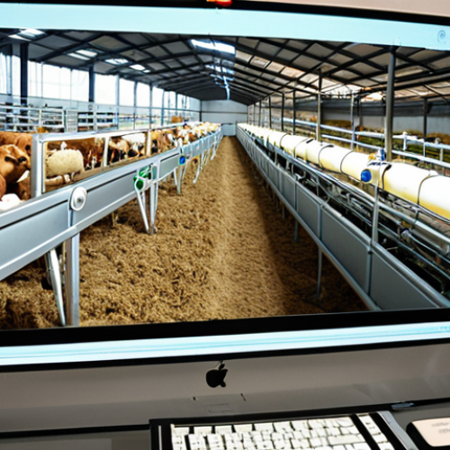 **

A modern, technologically advanced livestock farm in China. Show smart farming equipment like environmental monitoring systems, automated feeding devices, and health monitoring sensors attached to livestock. In the background, depict data being analyzed on a computer screen. The scene should convey efficiency and data-driven decision-making in animal husbandry.

**