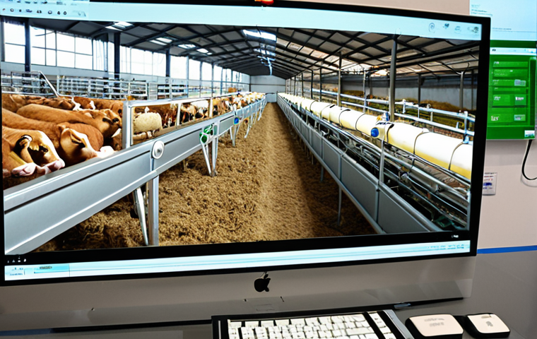 **

A modern, technologically advanced livestock farm in China. Show smart farming equipment like environmental monitoring systems, automated feeding devices, and health monitoring sensors attached to livestock. In the background, depict data being analyzed on a computer screen. The scene should convey efficiency and data-driven decision-making in animal husbandry.

**