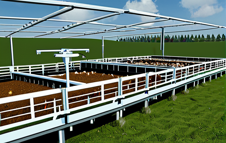 Modern Livestock Farm**

"A modern, high-tech livestock farm with automated feeding systems and sensor monitoring, fully clothed farm workers overseeing the operation, appropriate attire, daytime, sunny, safe for work, perfect anatomy, correct proportions, natural pose, professional photography, high quality, family-friendly."

**