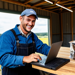 E-commerce Success**

A professional livestock farmer, fully clothed in modest work attire, smiling while managing an online store on a laptop, showcasing packages ready for shipment in the background, a rural farm setting visible through the window, safe for work, appropriate content, perfect anatomy, natural proportions, high-quality, professional.

**
