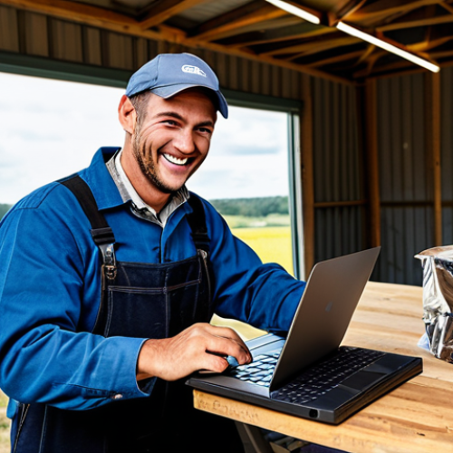 E-commerce Success**

A professional livestock farmer, fully clothed in modest work attire, smiling while managing an online store on a laptop, showcasing packages ready for shipment in the background, a rural farm setting visible through the window, safe for work, appropriate content, perfect anatomy, natural proportions, high-quality, professional.

**