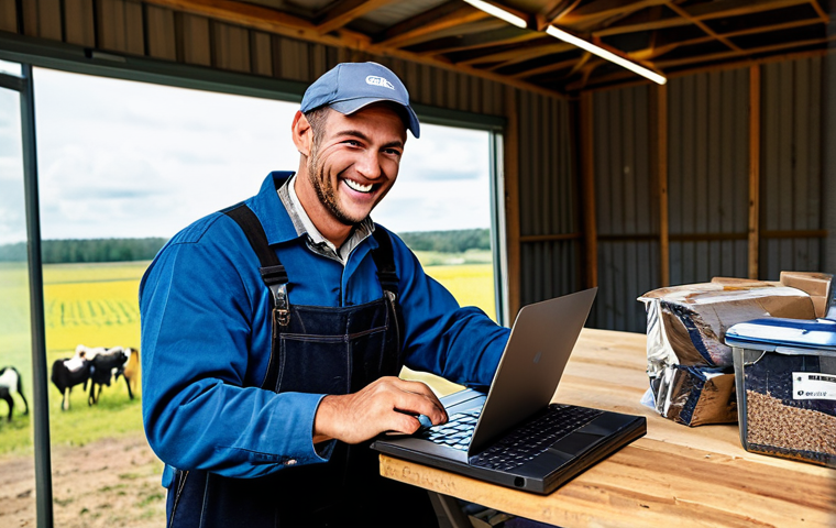 E-commerce Success**

A professional livestock farmer, fully clothed in modest work attire, smiling while managing an online store on a laptop, showcasing packages ready for shipment in the background, a rural farm setting visible through the window, safe for work, appropriate content, perfect anatomy, natural proportions, high-quality, professional.

**