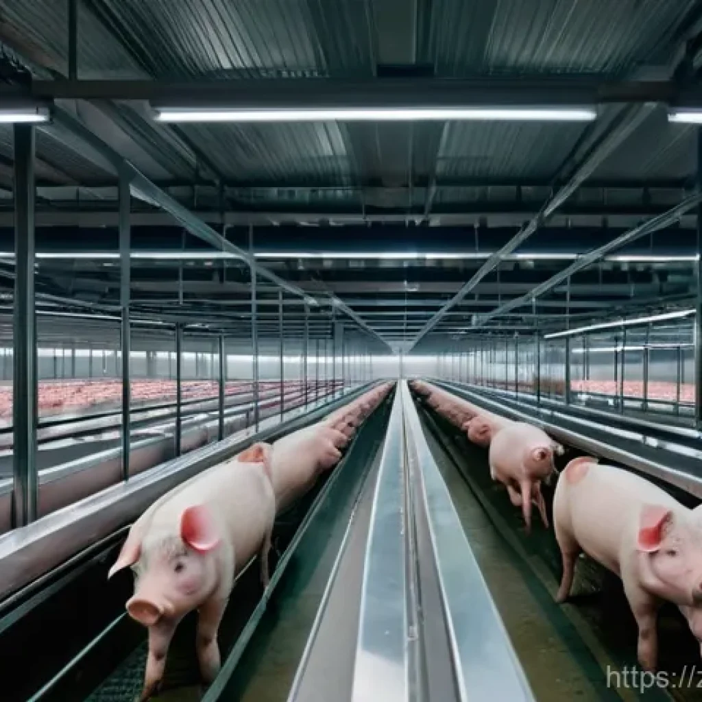 축산업 우수 사례 분석 - **Prompt:** A clean, brightly lit, and highly modern pig farm interior at dawn. Individual pigs, eac...