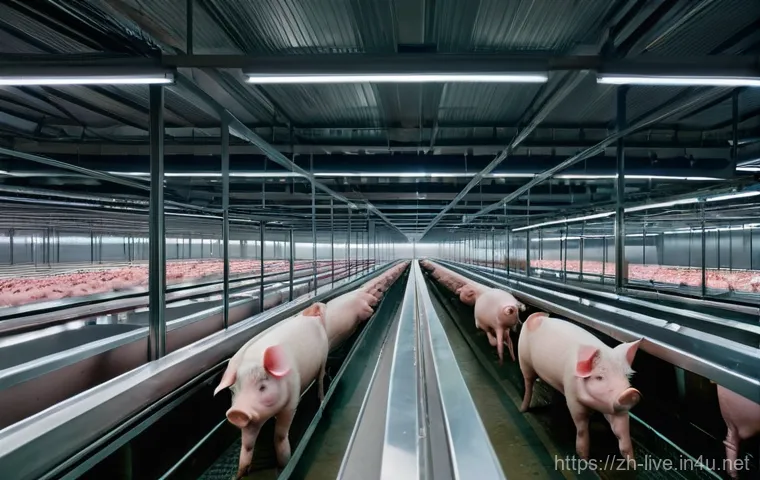 축산업 우수 사례 분석 - **Prompt:** A clean, brightly lit, and highly modern pig farm interior at dawn. Individual pigs, eac...