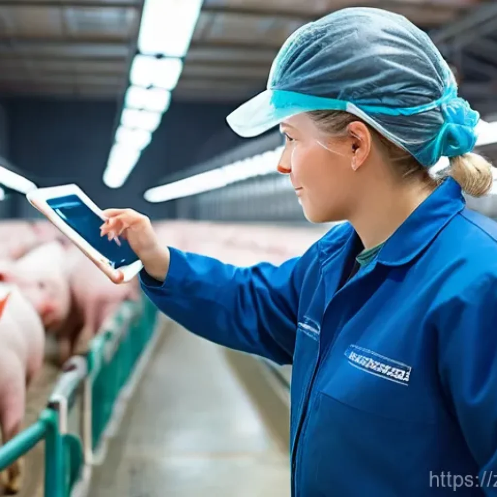 축산업 업계 전망 분석 - A futuristic, clean, and highly automated pig farm interior. Advanced sensors are subtly integrated ...