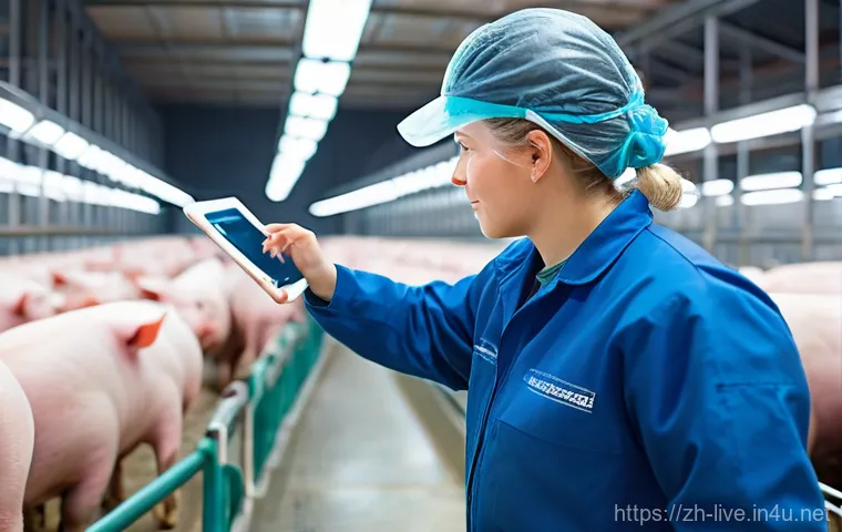 축산업 업계 전망 분석 - A futuristic, clean, and highly automated pig farm interior. Advanced sensors are subtly integrated ...
