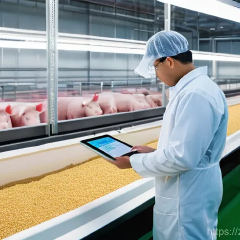 축산업 관련 필독 도서 - **Prompt:** A futuristic, bright, and impeccably clean indoor pig farm. The pigs are healthy and ene...