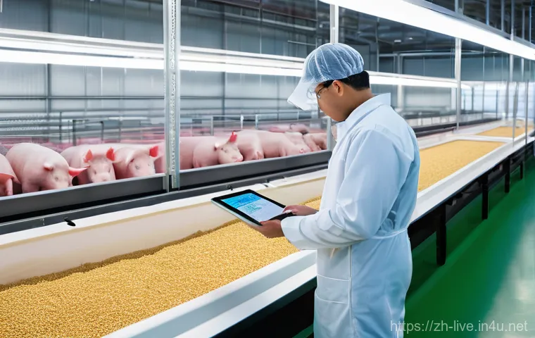 축산업 관련 필독 도서 - **Prompt:** A futuristic, bright, and impeccably clean indoor pig farm. The pigs are healthy and ene...