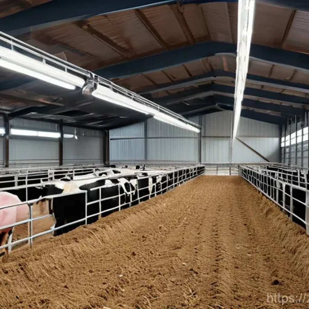 축산업 학습 동기 부여 팁 - **Prompt:** A clean, modern livestock barn with advanced technology. In the center, a sleek, automat...