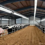 축산업 학습 동기 부여 팁 - **Prompt:** A clean, modern livestock barn with advanced technology. In the center, a sleek, automat...