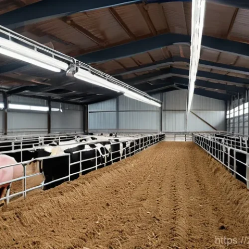 축산업 학습 동기 부여 팁 - **Prompt:** A clean, modern livestock barn with advanced technology. In the center, a sleek, automat...