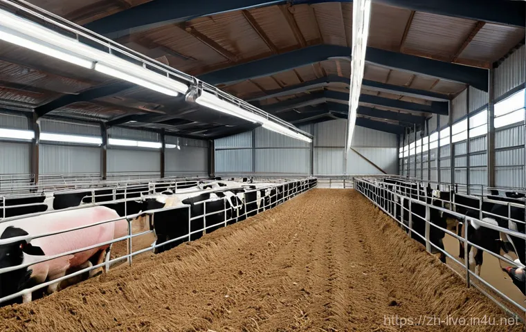 축산업 학습 동기 부여 팁 - **Prompt:** A clean, modern livestock barn with advanced technology. In the center, a sleek, automat...