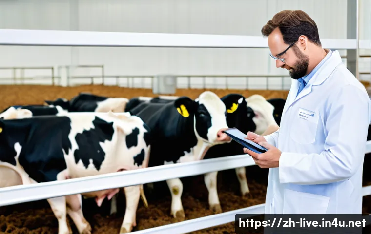 축산업 중점 과목 학습법 - **Animal Nutrition Expert at a Smart Farm**
    A vibrant, high-angle shot of a meticulously clean, ...