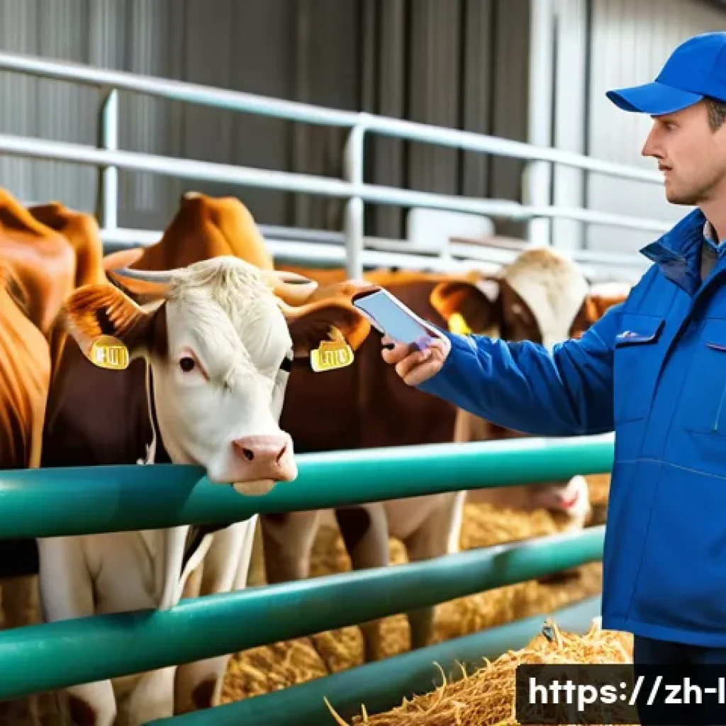 축산업 경력 개발 전략 - A modern livestock farm scene showcasing advanced technology integration: intelligent sensors attach...