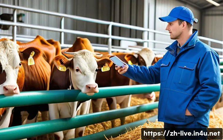 축산업 경력 개발 전략 - A modern livestock farm scene showcasing advanced technology integration: intelligent sensors attach...