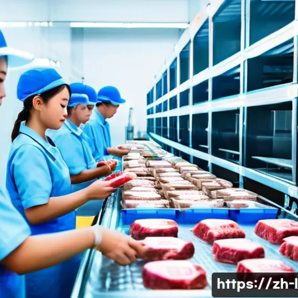 축산업 수출입 관련 업무 - A modern livestock export facility scene showing workers in clean uniforms and hairnets carefully in...