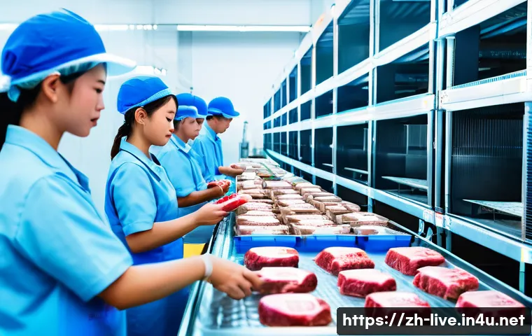 축산업 수출입 관련 업무 - A modern livestock export facility scene showing workers in clean uniforms and hairnets carefully in...