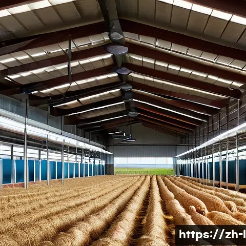 축산업 농장 관리 팁 - A modern livestock barn interior showcasing an advanced ventilation system designed for pig farming,...