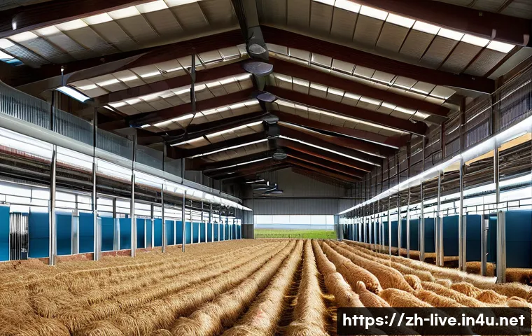 축산업 농장 관리 팁 - A modern livestock barn interior showcasing an advanced ventilation system designed for pig farming,...