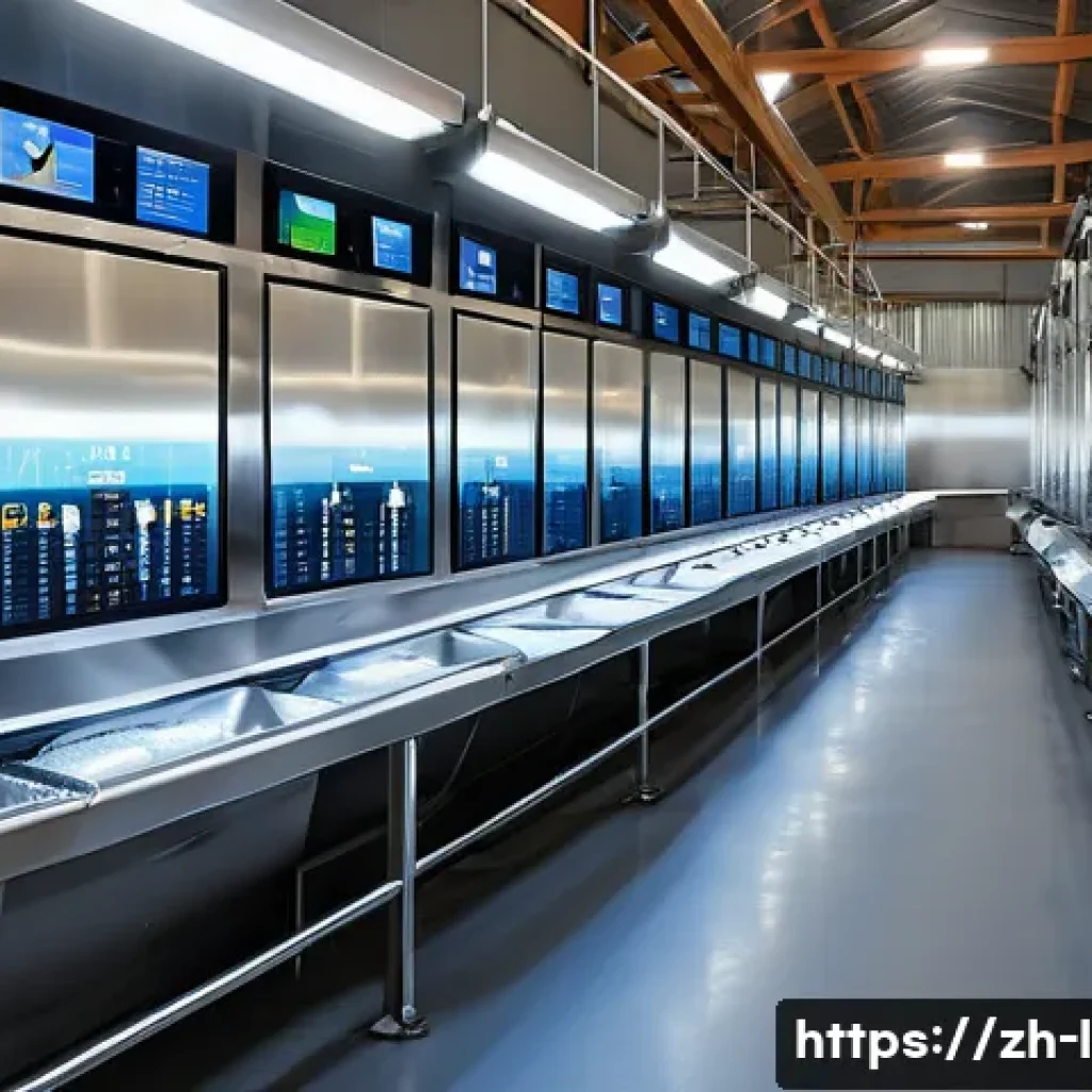 축산업 실무에서 필요한 기술 - A modern livestock farm interior showcasing an advanced automatic feeding system in operation: sleek...