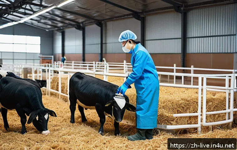 축산업 실무 경진대회 후기 - A detailed scene showing a modern livestock farming competition setting in a bright, clean barn inte...
