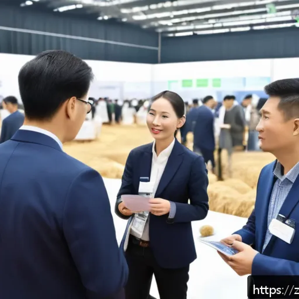 축산업 업계 인맥 관리법 - A modern livestock industry conference scene, featuring diverse professionals such as large-scale fa...