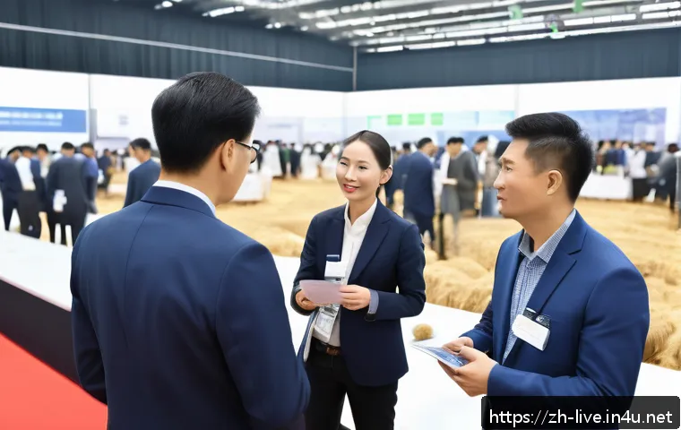 축산업 업계 인맥 관리법 - A modern livestock industry conference scene, featuring diverse professionals such as large-scale fa...