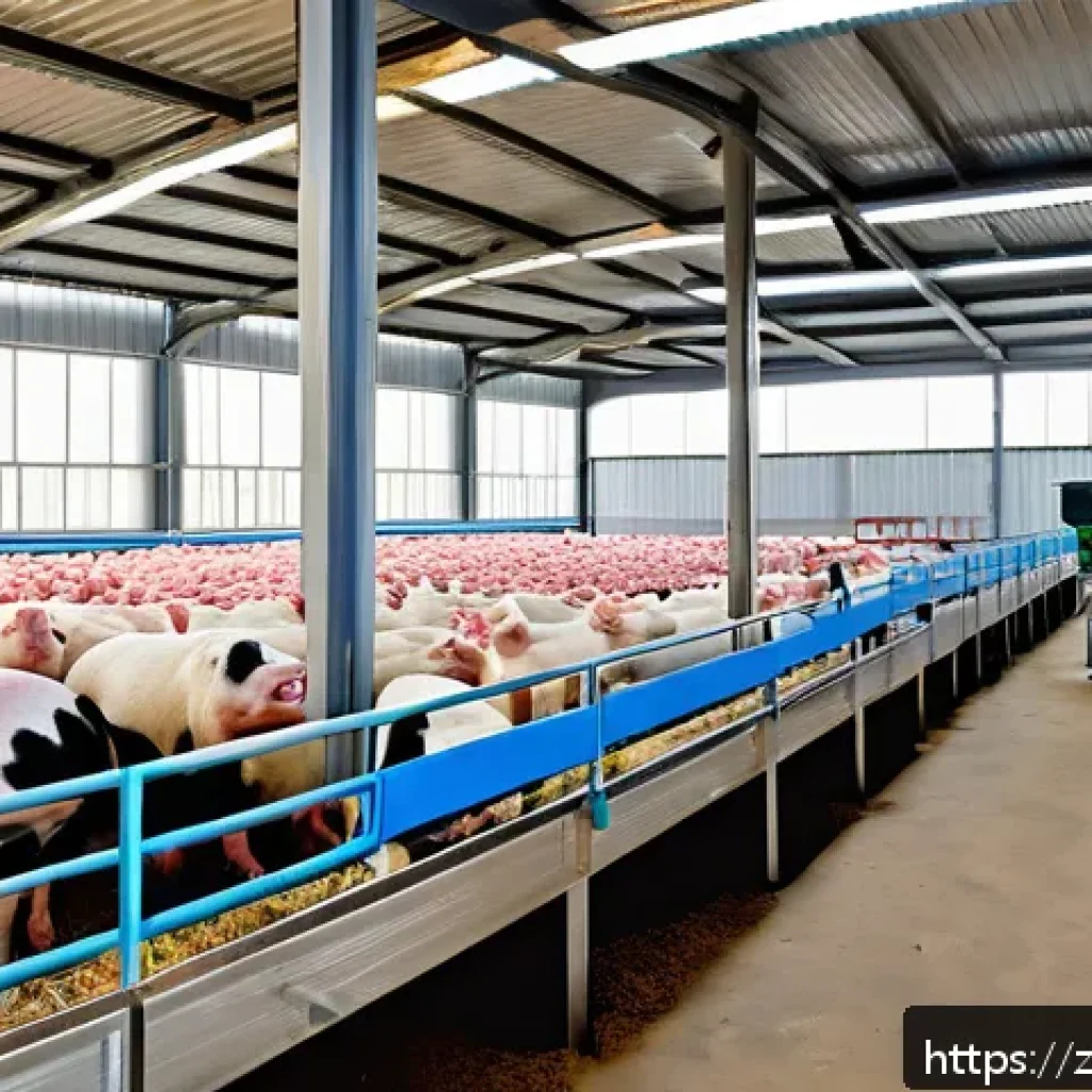축산업 관련 온라인 강의 추천 - A modern livestock farm interior showcasing precise feeding technology: healthy pigs and chickens we...