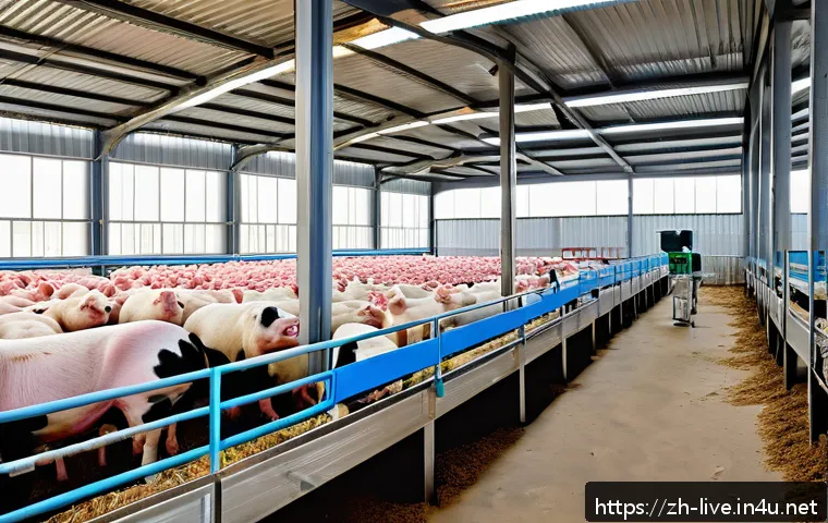 축산업 관련 온라인 강의 추천 - A modern livestock farm interior showcasing precise feeding technology: healthy pigs and chickens we...