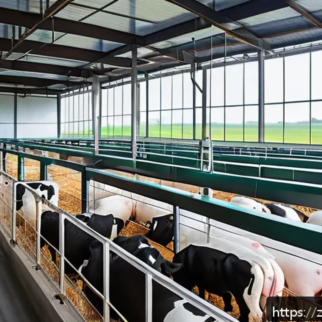 축산업 커리어 로드맵 - A modern livestock farm featuring advanced smart technology: vivid scene of a spacious barn with sle...