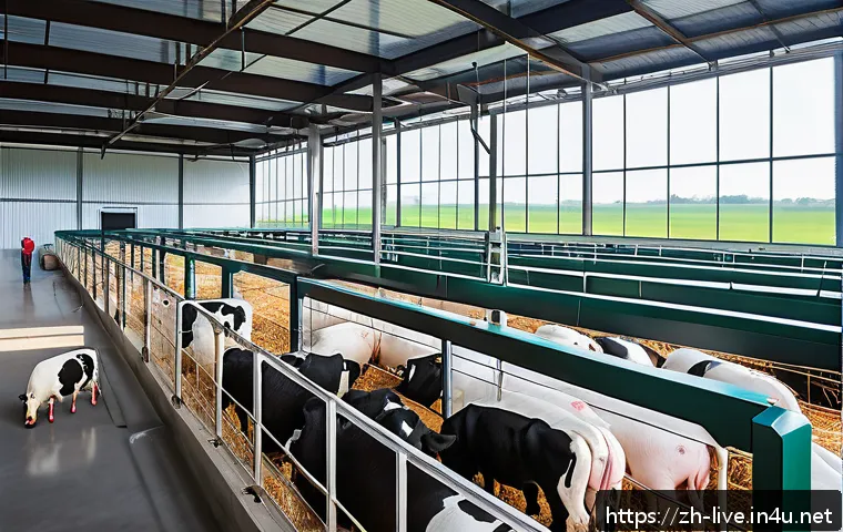 축산업 커리어 로드맵 - A modern livestock farm featuring advanced smart technology: vivid scene of a spacious barn with sle...