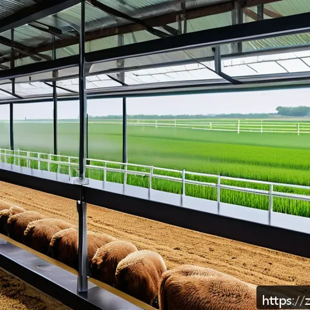 축산업 농장 자동화 성공 사례 - A modern livestock farm interior showcasing smart environmental sensors installed around animal encl...