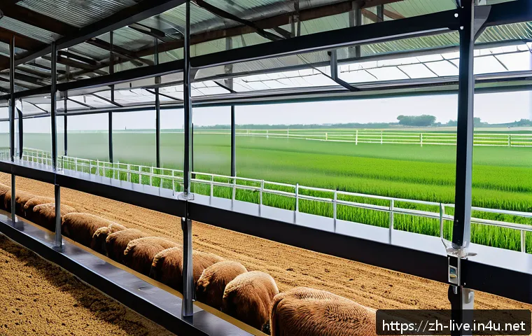 축산업 농장 자동화 성공 사례 - A modern livestock farm interior showcasing smart environmental sensors installed around animal encl...