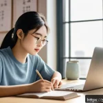 축산업 온라인 시험 준비법 - A modern study environment featuring a young Chinese adult student sitting at a clean, well-organize...