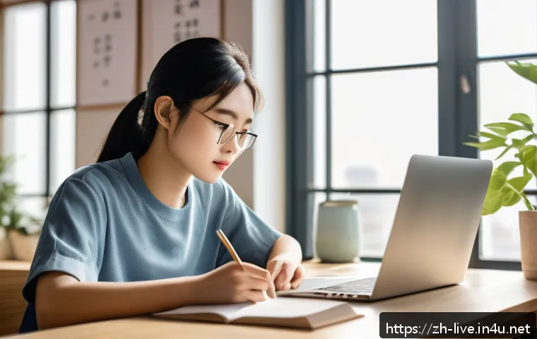 축산업 온라인 시험 준비법 - A modern study environment featuring a young Chinese adult student sitting at a clean, well-organize...