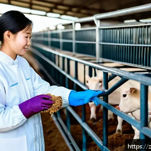 축산업 실습 성공 사례 - A young intern wearing clean protective clothing and gloves actively feeding livestock at a modern l...