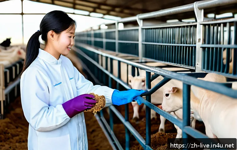 축산업 실습 성공 사례 - A young intern wearing clean protective clothing and gloves actively feeding livestock at a modern l...