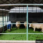 축산업 관련 법적 분쟁 해결법 - A modern livestock farm scene showing a well-organized outdoor animal enclosure with healthy livesto...