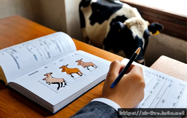 축산업 이론 시험에서 자주 나오는 문제 - Photorealistic agricultural college student studying livestock production theory at a clean wooden d...