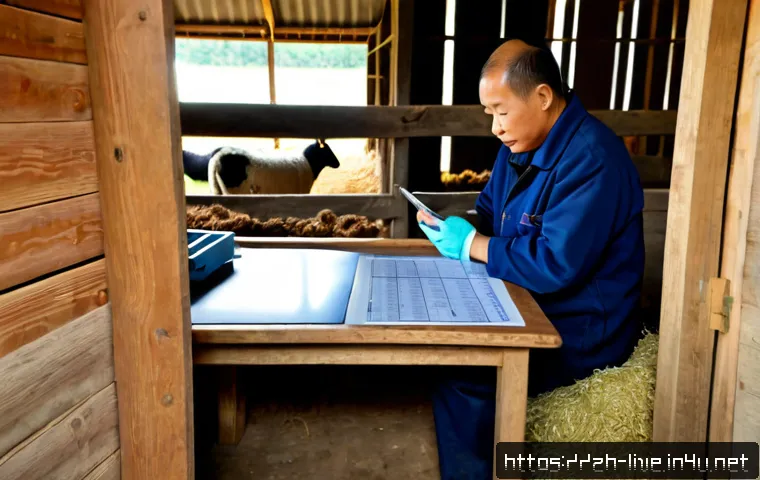 축산업 소규모 농장 창업 팁 - Photorealistic small-scale livestock farm startup planning scene, a practical middle-aged farmer sea...