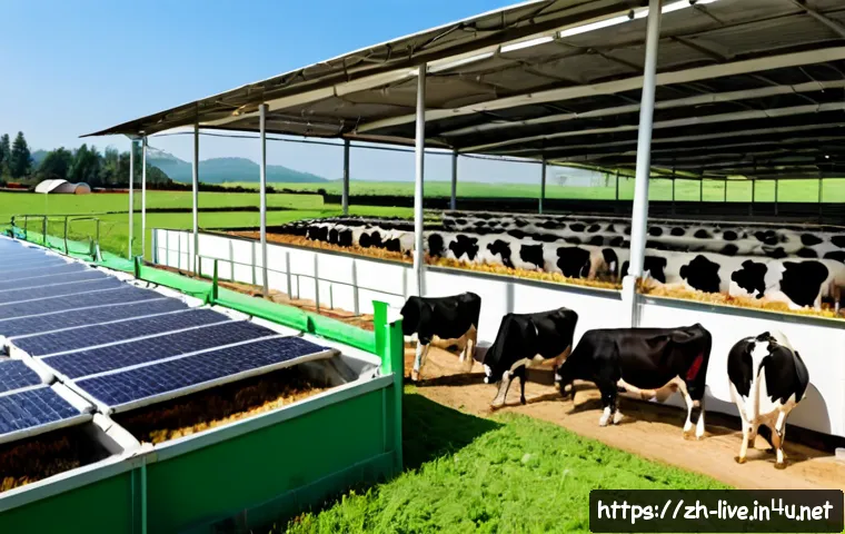 축산업 환경 개선 성공 사례 - Photorealistic modern dairy farm environmental improvement success scene, clean airy cattle barn wit...